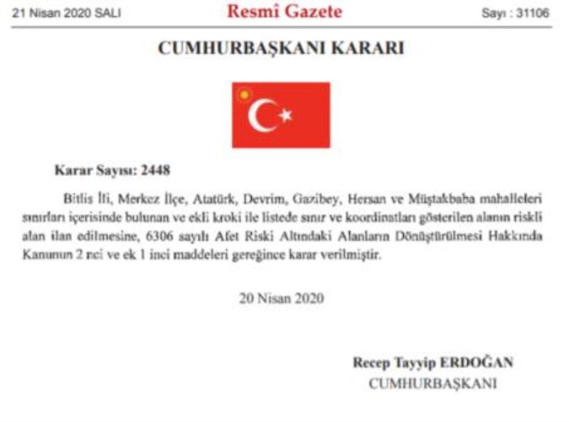 Bitlis’te Bazı Bölgeler Cumhurbaşkanlığı Kararıyla ‘Riskli Alan’ İlan Edildi