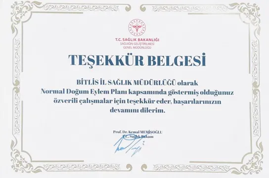 Bitlis İl Sağlık Müdürlüğü’ne Sağlık  Bakanı’ndan Teşekkür Belgesi