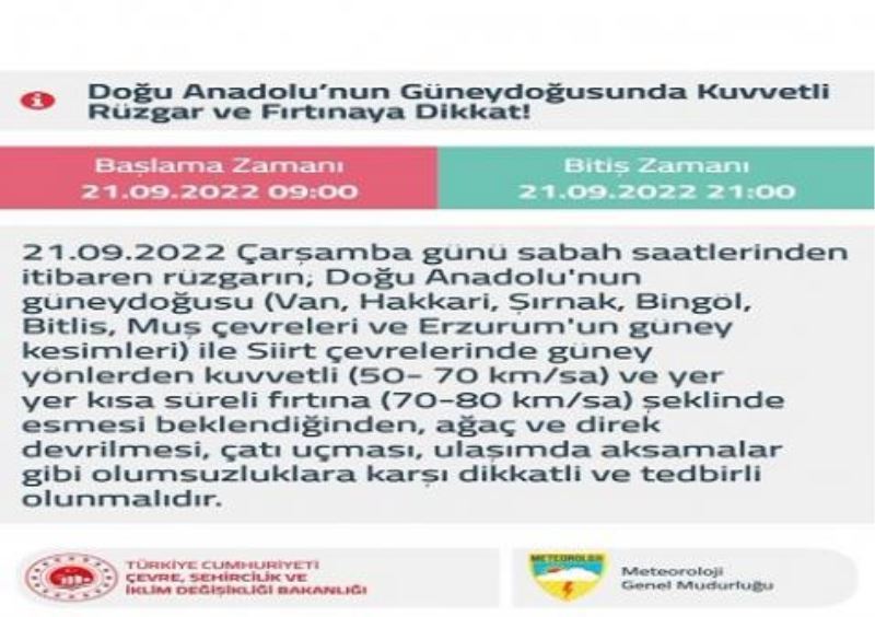 Meteorolojiden Bitlis için kuvvetli rüzgar ve fırtına uyarısı